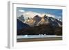 Hiker And Icebergs In Lago Grey In The Torres Del Paine National Park, Patagonia, Chile-Jay Goodrich-Framed Photographic Print