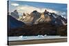 Hiker And Icebergs In Lago Grey In The Torres Del Paine National Park, Patagonia, Chile-Jay Goodrich-Stretched Canvas