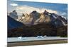 Hiker And Icebergs In Lago Grey In The Torres Del Paine National Park, Patagonia, Chile-Jay Goodrich-Mounted Photographic Print