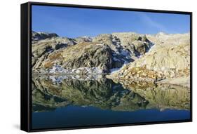 Hiker at Lac Blanc, Chamonix, Haute-Savoie, French Alps, France, Europe-Christian Kober-Framed Stretched Canvas