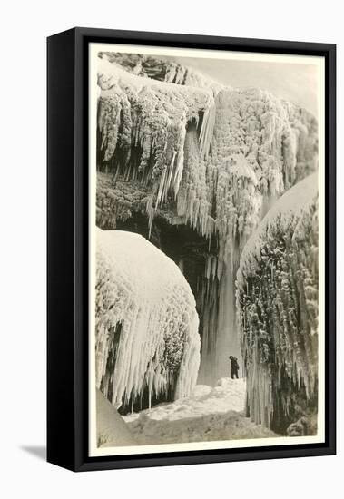 Hiker in Frozen Waterfall-null-Framed Stretched Canvas