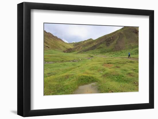 Hiker in Lush Yolyn Am (Yol or Eagle Valley) with Flowers after Summer Rain-Eleanor Scriven-Framed Photographic Print