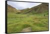 Hiker in Lush Yolyn Am (Yol or Eagle Valley) with Flowers after Summer Rain-Eleanor Scriven-Framed Stretched Canvas