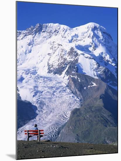 Hiker on Bench, the Breithorn and Breithorn Glacier, Rotenboden, Zermatt, Valais, Switzerland-Tomlinson Ruth-Mounted Photographic Print