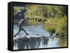 Hiker on Stepping Stones-null-Framed Stretched Canvas