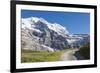 Hiker on the path between green meadows and snowy peaks, Wengernalp, Wengen, Bernese Oberland, Cant-Roberto Moiola-Framed Photographic Print