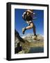 Hiker Running on Trail Above Lake at Schwarzee Paradise, Zermatt Alpine Resort, Valais, Switzerland-Christian Kober-Framed Photographic Print