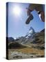 Hiker Running on Trail and the Matterhorn, 4477M, Zermatt Alpine Resort, Swiss Alps, Switzerland-Christian Kober-Stretched Canvas