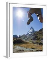 Hiker Running on Trail and the Matterhorn, 4477M, Zermatt Alpine Resort, Swiss Alps, Switzerland-Christian Kober-Framed Photographic Print