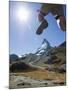 Hiker Running on Trail and the Matterhorn, 4477M, Zermatt Alpine Resort, Swiss Alps, Switzerland-Christian Kober-Mounted Photographic Print