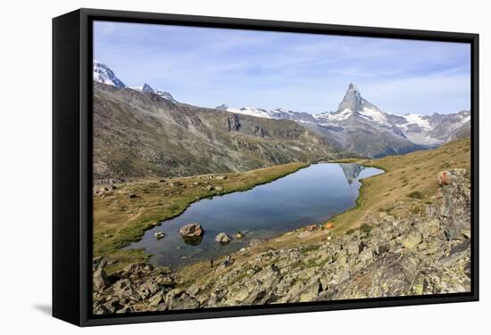 Hikers Admire the Matterhorn Reflected in Lake Stellisee, Swiss Alps-Roberto Moiola-Framed Stretched Canvas