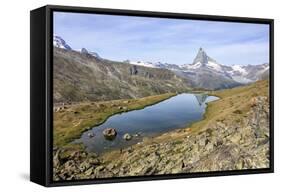 Hikers Admire the Matterhorn Reflected in Lake Stellisee, Swiss Alps-Roberto Moiola-Framed Stretched Canvas