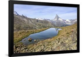 Hikers Admire the Matterhorn Reflected in Lake Stellisee, Swiss Alps-Roberto Moiola-Framed Photographic Print