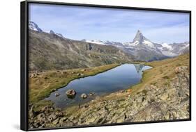 Hikers Admire the Matterhorn Reflected in Lake Stellisee, Swiss Alps-Roberto Moiola-Framed Photographic Print