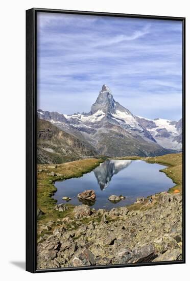 Hikers Admire the Matterhorn Reflected in Lake Stellisee, Swiss Alps-Roberto Moiola-Framed Photographic Print