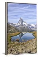 Hikers Admire the Matterhorn Reflected in Lake Stellisee, Swiss Alps-Roberto Moiola-Framed Photographic Print