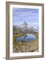 Hikers Admire the Matterhorn Reflected in Lake Stellisee, Swiss Alps-Roberto Moiola-Framed Photographic Print