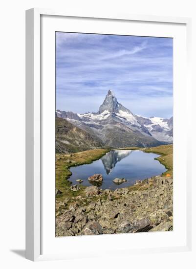 Hikers Admire the Matterhorn Reflected in Lake Stellisee, Swiss Alps-Roberto Moiola-Framed Photographic Print