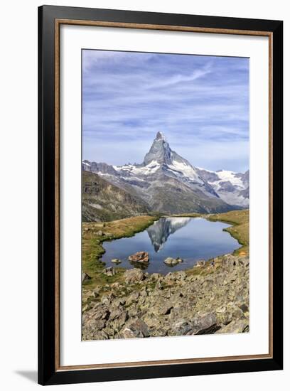 Hikers Admire the Matterhorn Reflected in Lake Stellisee, Swiss Alps-Roberto Moiola-Framed Photographic Print