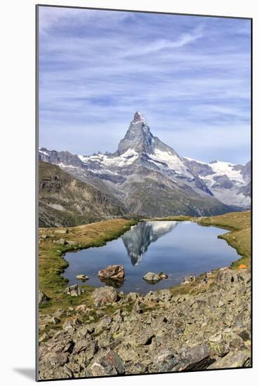 Hikers Admire the Matterhorn Reflected in Lake Stellisee, Swiss Alps-Roberto Moiola-Mounted Photographic Print