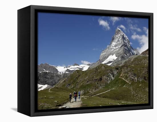 Hikers Below the Matterhorn, Zermatt, Valais, Swiss Alps, Switzerland, Europe-Hans Peter Merten-Framed Stretched Canvas