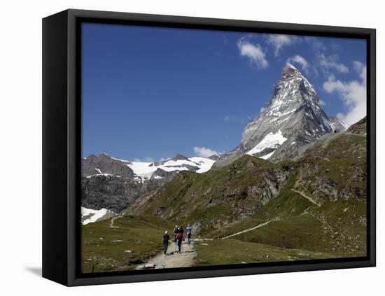 Hikers Below the Matterhorn, Zermatt, Valais, Swiss Alps, Switzerland, Europe-Hans Peter Merten-Framed Stretched Canvas