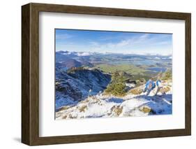 Hikers on steep crest covered with snow in the Ammergau Alps, Tegelberg, Fussen, Bavaria, Germany, -Roberto Moiola-Framed Photographic Print