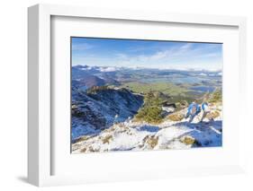 Hikers on steep crest covered with snow in the Ammergau Alps, Tegelberg, Fussen, Bavaria, Germany, -Roberto Moiola-Framed Photographic Print