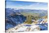 Hikers on steep crest covered with snow in the Ammergau Alps, Tegelberg, Fussen, Bavaria, Germany, -Roberto Moiola-Stretched Canvas