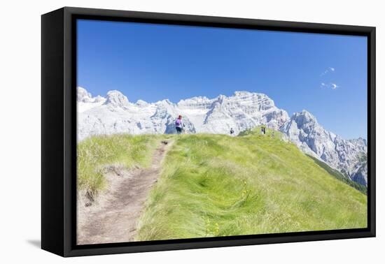 Hikers proceed on the path to the rocky peaks, Doss Del Sabion, Pinzolo, Brenta Dolomites, Trentino-Roberto Moiola-Framed Stretched Canvas