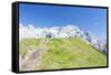 Hikers proceed on the path to the rocky peaks, Doss Del Sabion, Pinzolo, Brenta Dolomites, Trentino-Roberto Moiola-Framed Stretched Canvas