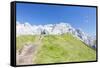Hikers proceed on the path to the rocky peaks, Doss Del Sabion, Pinzolo, Brenta Dolomites, Trentino-Roberto Moiola-Framed Stretched Canvas
