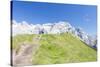 Hikers proceed on the path to the rocky peaks, Doss Del Sabion, Pinzolo, Brenta Dolomites, Trentino-Roberto Moiola-Stretched Canvas