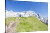 Hikers proceed on the path to the rocky peaks, Doss Del Sabion, Pinzolo, Brenta Dolomites, Trentino-Roberto Moiola-Stretched Canvas