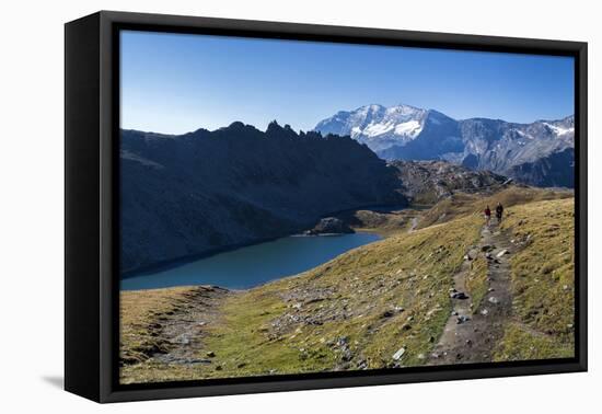 Hikers Walking on the Colle Del Nivolet Beside Rossett Lake (Lago Rossett)-Roberto Moiola-Framed Stretched Canvas