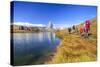 Hikers Walking on the Path Beside the Stellisee with the Matterhorn Reflected-Roberto Moiola-Stretched Canvas