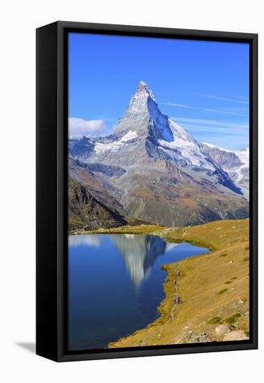 Hikers Walking on the Path Beside the Stellisee with the Matterhorn Reflected-Roberto Moiola-Framed Stretched Canvas
