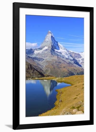 Hikers Walking on the Path Beside the Stellisee with the Matterhorn Reflected-Roberto Moiola-Framed Photographic Print