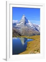 Hikers Walking on the Path Beside the Stellisee with the Matterhorn Reflected-Roberto Moiola-Framed Photographic Print