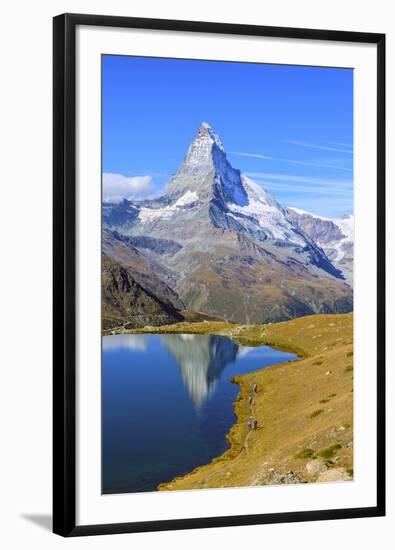 Hikers Walking on the Path Beside the Stellisee with the Matterhorn Reflected-Roberto Moiola-Framed Photographic Print