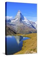 Hikers Walking on the Path Beside the Stellisee with the Matterhorn Reflected-Roberto Moiola-Stretched Canvas