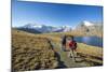 Hikers Wallking Along Rosset Lake, Gran Paradiso National Park, Alpi Graie (Graian Alps), Italy-Roberto Moiola-Mounted Photographic Print