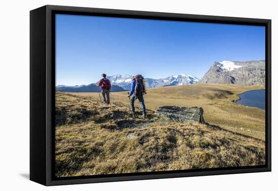 Hikers Wallking Along Rosset Lake, Gran Paradiso National Park, Alpi Graie (Graian Alps), Italy-Roberto Moiola-Framed Stretched Canvas