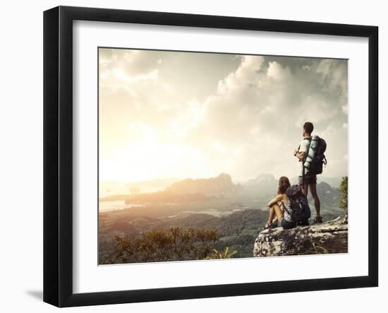 Hikers With Backpacks Enjoying Valley View From Top Of A Mountain-Dudarev Mikhail-Framed Art Print