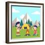 Hiking Kids at the Campfire near their Camping Tent at the Mountain Foots. Boy Brings Some Firewood-Iconic Bestiary-Framed Art Print