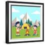 Hiking Kids at the Campfire near their Camping Tent at the Mountain Foots. Boy Brings Some Firewood-Iconic Bestiary-Framed Art Print