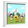 Hiking Kids at the Campfire near their Camping Tent at the Mountain Foots. Boy Brings Some Firewood-Iconic Bestiary-Framed Art Print