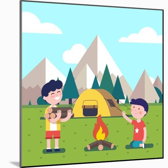 Hiking Kids at the Campfire near their Camping Tent at the Mountain Foots. Boy Brings Some Firewood-Iconic Bestiary-Mounted Art Print