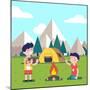 Hiking Kids at the Campfire near their Camping Tent at the Mountain Foots. Boy Brings Some Firewood-Iconic Bestiary-Mounted Art Print