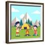 Hiking Kids at the Campfire near their Camping Tent at the Mountain Foots. Boy Brings Some Firewood-Iconic Bestiary-Framed Premium Giclee Print